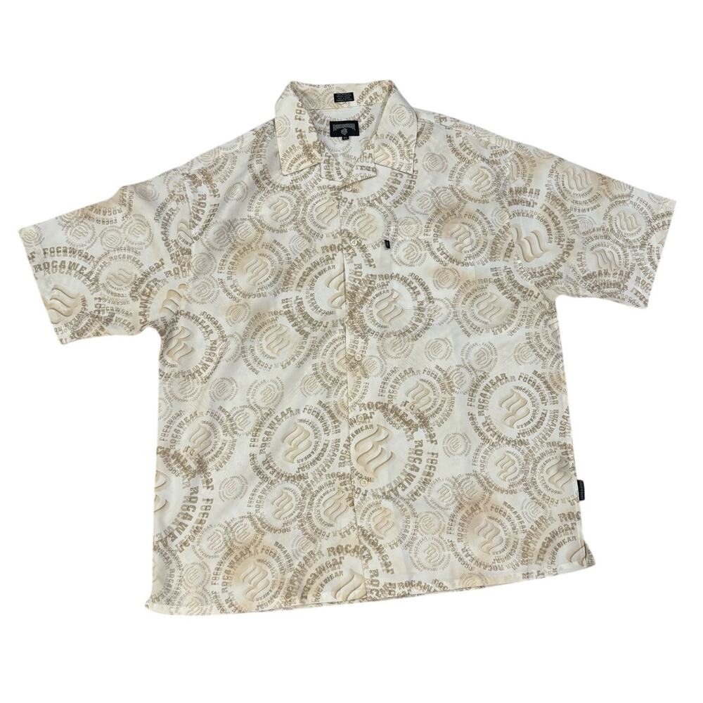 Rocawear Mens XL Cream Allover Logo Short Sleeve Button Front Shirt